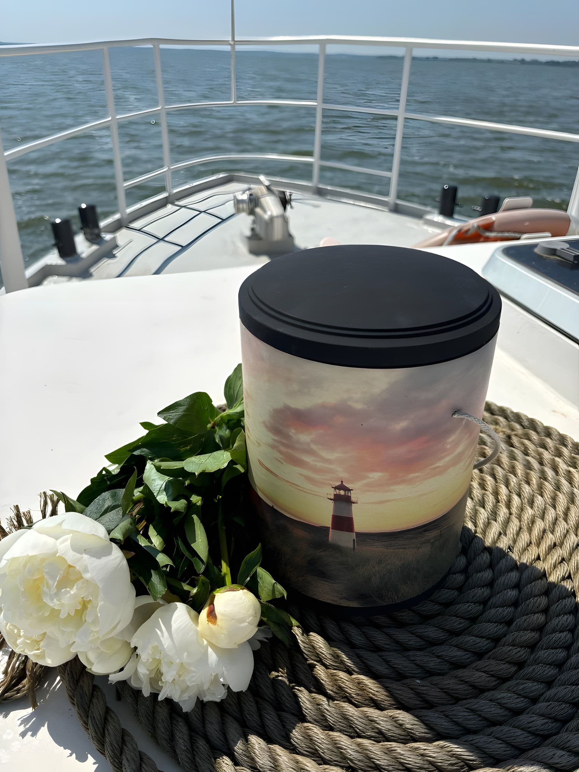 Seeurne mit Leuchtturm-Motiv und weißen Pfingstrosen auf dem Vordeck, dahinter das offene Meer